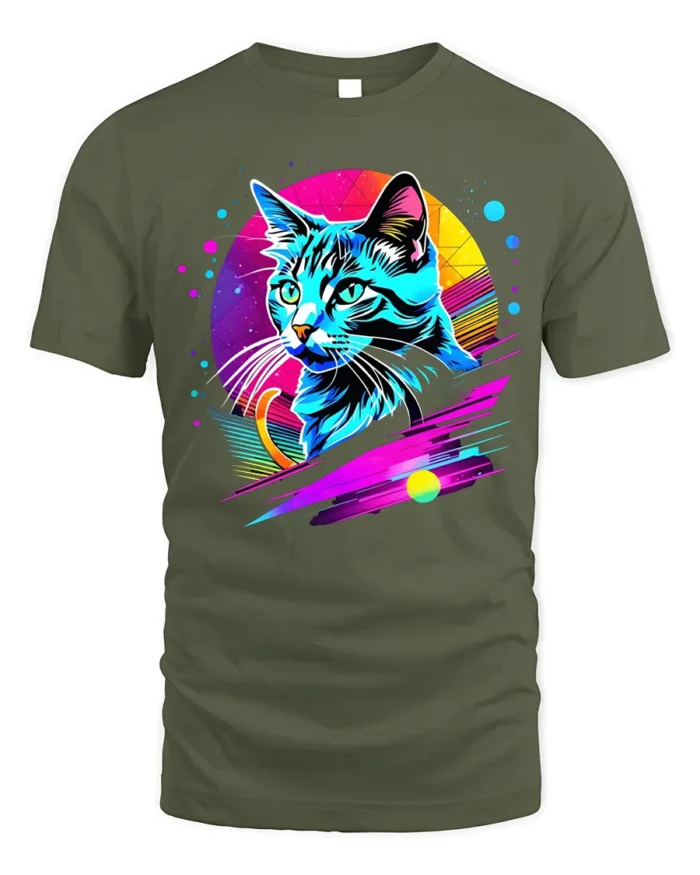 Neon Retro Cat Graphic T-Shirt Colorful Art Tee - military green t-shirt on white background