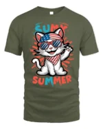 Patriotic Summer Cat Graphic T-Shirt USA Style - military green t-shirt on white background