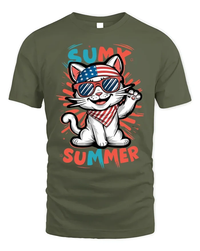 Patriotic Summer Cat Graphic T-Shirt USA Style - military green t-shirt on white background