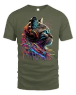 Colorful DJ Cat Headphones Graphic T-Shirt - military green t-shirt on white background
