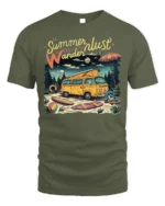 Summer Wanderlust Beach Van Graphic T-Shirt - military green t-shirt on white background