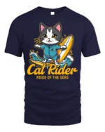 Cat Rider Surfing Graphic T-Shirt for Ocean Lovers - navy t-shirt on white background