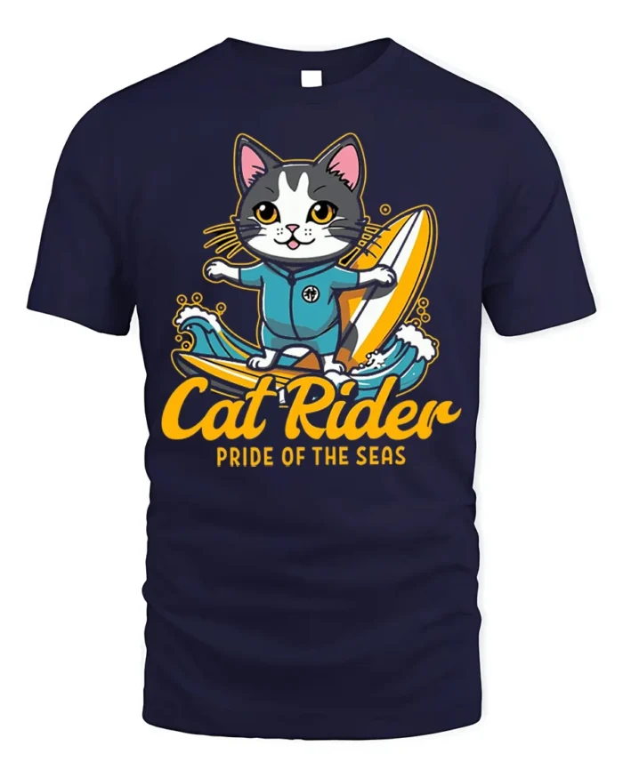 Cat Rider Surfing Graphic T-Shirt for Ocean Lovers - navy t-shirt on white background