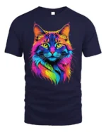 Colorful Neon Cat Face Graphic T-Shirt Artistic Tee - navy t-shirt on white background