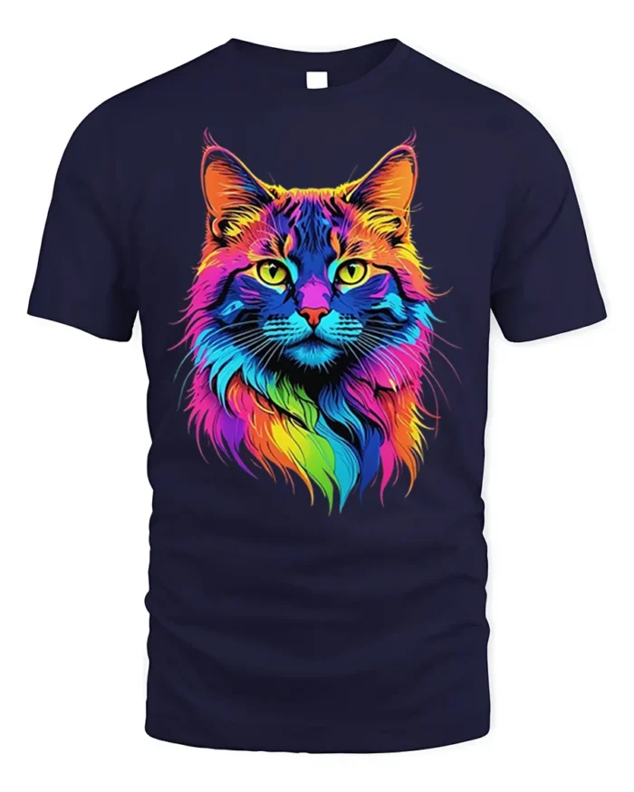Colorful Neon Cat Face Graphic T-Shirt Artistic Tee - navy t-shirt on white background