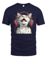 Happy Cat Headphones Music Lover Graphic T-Shirt - navy t-shirt on white background