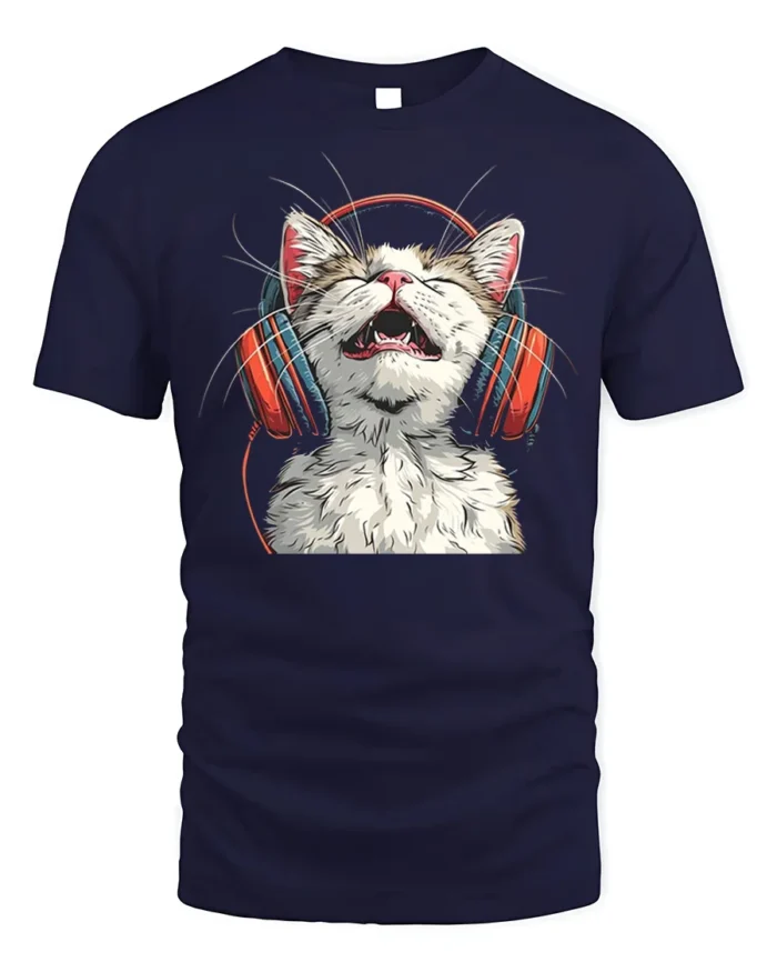 Happy Cat Headphones Music Lover Graphic T-Shirt - navy t-shirt on white background