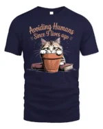 Avoiding Humans Funny Cat Graphic T-Shirt Tee - navy t-shirt on white background