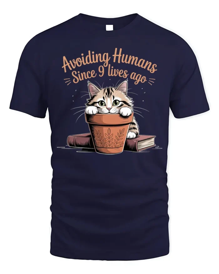Avoiding Humans Funny Cat Graphic T-Shirt Tee - navy t-shirt on white background