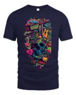 Colorful Psychedelic Skull Graphic T-Shirt Tee - navy t-shirt on white background