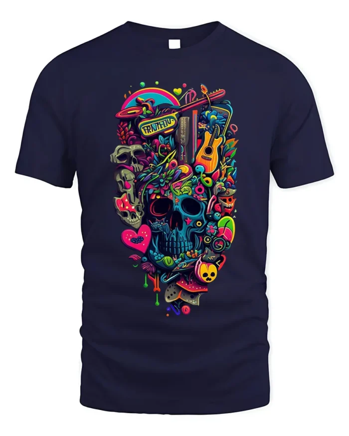 Colorful Psychedelic Skull Graphic T-Shirt Tee - navy t-shirt on white background