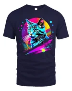 Neon Retro Cat Graphic T-Shirt Colorful Art Tee - navy t-shirt on white background