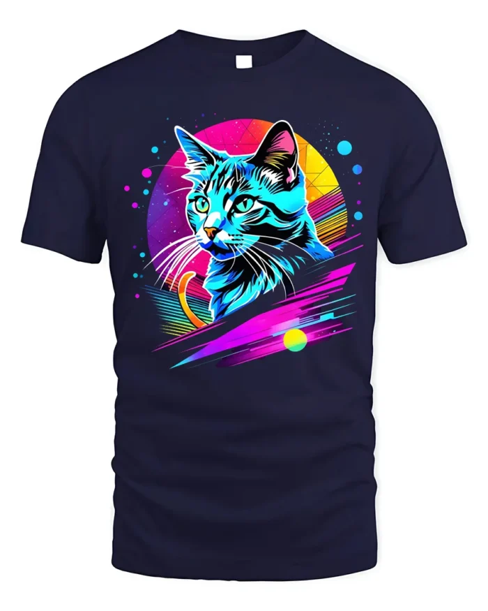 Neon Retro Cat Graphic T-Shirt Colorful Art Tee - navy t-shirt on white background