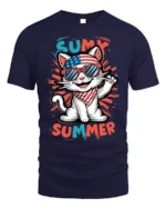 Patriotic Summer Cat Graphic T-Shirt USA Style - navy t-shirt on white background