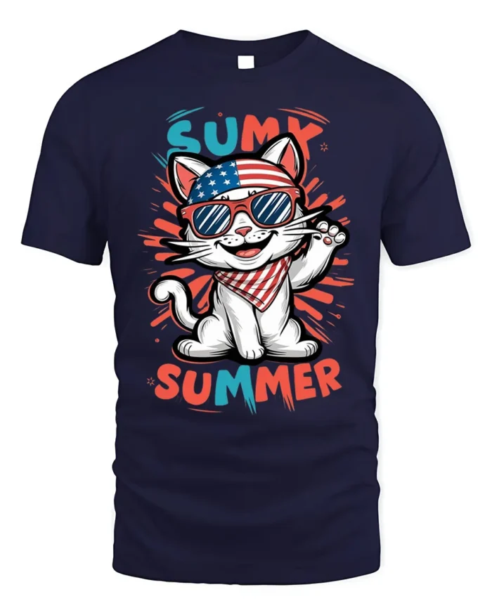 Patriotic Summer Cat Graphic T-Shirt USA Style - navy t-shirt on white background