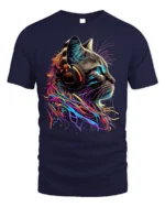 Colorful DJ Cat Headphones Graphic T-Shirt - navy t-shirt on white background