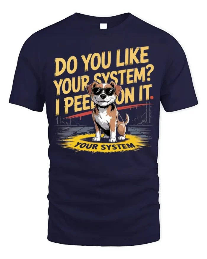 Funny Dog System Joke Graphic T-Shirt Humor Tee - navy t-shirt on white background