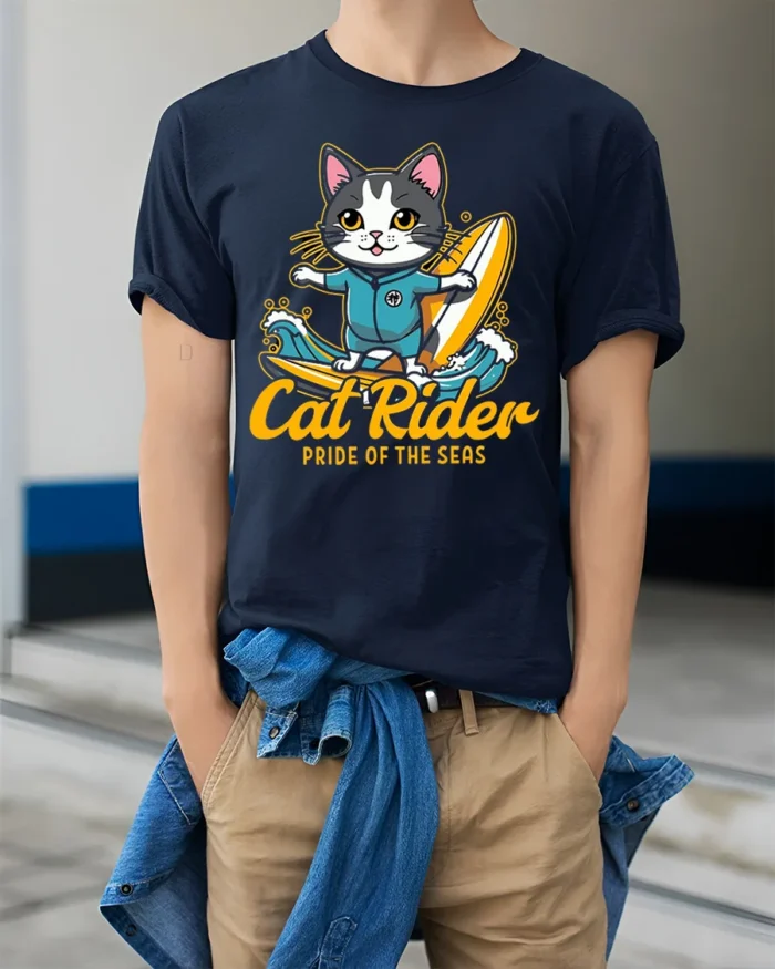 Cat Rider Surfing Graphic T-Shirt for Ocean Lovers - model wearing navy shirt, hands in pockets