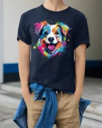 Colorful Artistic Dog Face Graphic T-Shirt - model wearing navy shirt, hands in pockets