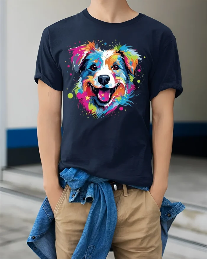 Colorful Artistic Dog Face Graphic T-Shirt - model wearing navy shirt, hands in pockets