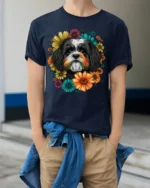 Floral Dog Face Graphic T-Shirt Pet Lover Tee - model wearing navy shirt, hands in pockets