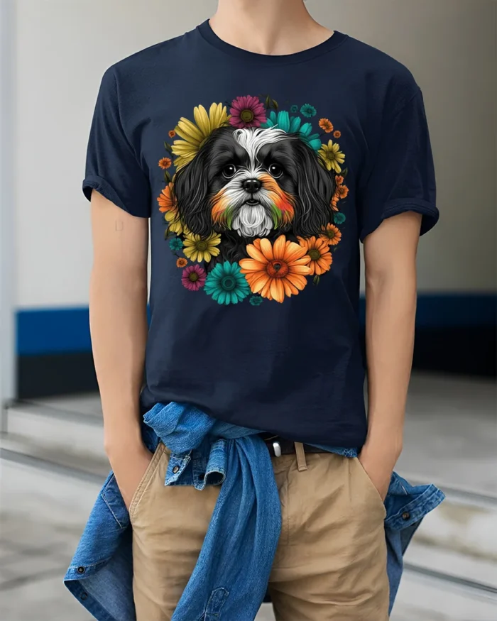 Floral Dog Face Graphic T-Shirt Pet Lover Tee - model wearing navy shirt, hands in pockets