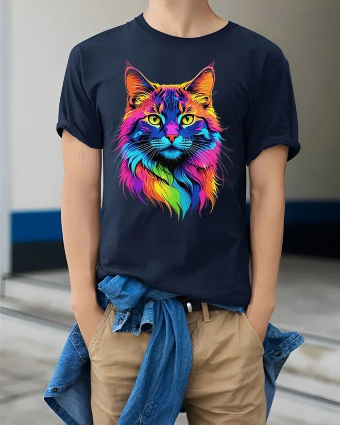 Colorful Neon Cat Face Graphic T-Shirt Artistic Tee - model wearing navy shirt, hands in pockets