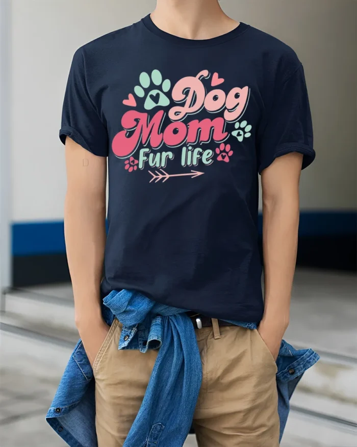 Dog Mom Fur Life Graphic T-Shirt for Pet Lovers - model wearing navy shirt, hands in pockets