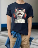 Happy Cat Headphones Music Lover Graphic T-Shirt - model wearing navy shirt, hands in pockets