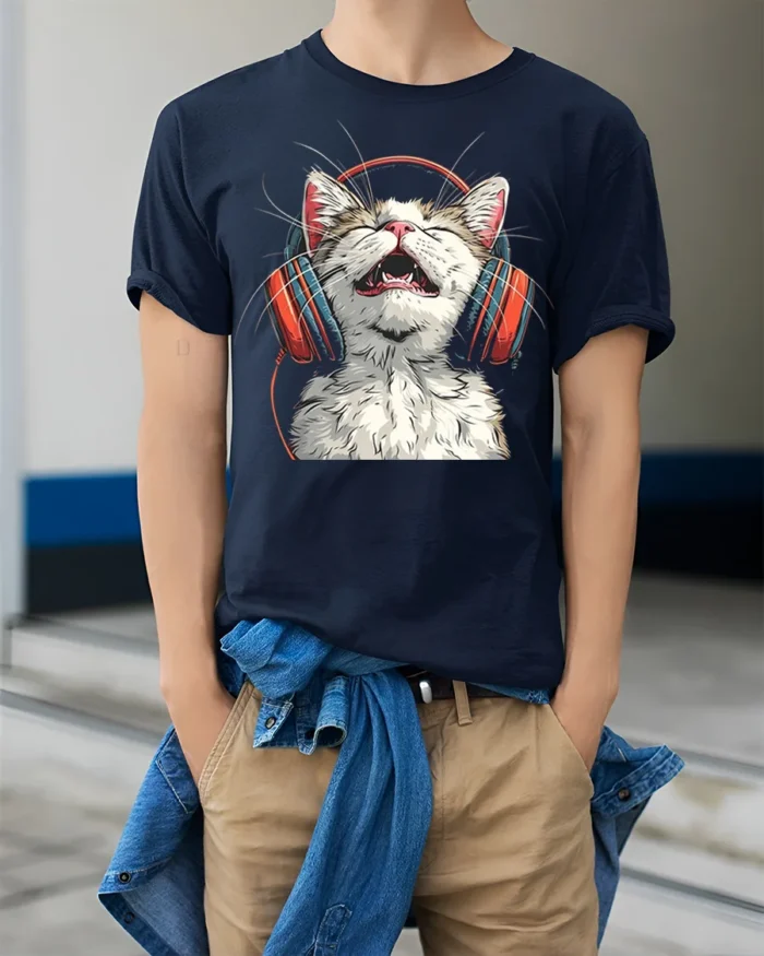 Happy Cat Headphones Music Lover Graphic T-Shirt - model wearing navy shirt, hands in pockets