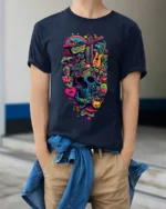 Colorful Psychedelic Skull Graphic T-Shirt Tee - model wearing navy shirt, hands in pockets