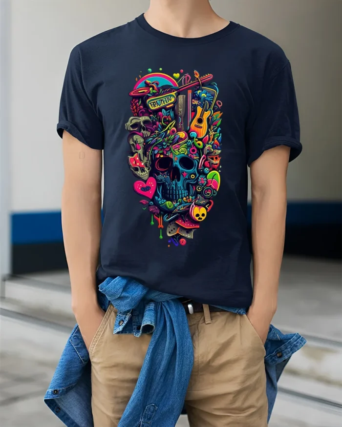 Colorful Psychedelic Skull Graphic T-Shirt Tee - model wearing navy shirt, hands in pockets