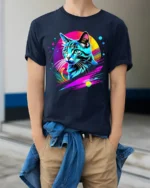 Neon Retro Cat Graphic T-Shirt Colorful Art Tee - model wearing navy shirt, hands in pockets
