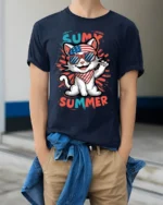 Patriotic Summer Cat Graphic T-Shirt USA Style - model wearing navy shirt, hands in pockets