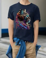 Colorful DJ Cat Headphones Graphic T-Shirt - model wearing navy shirt, hands in pockets