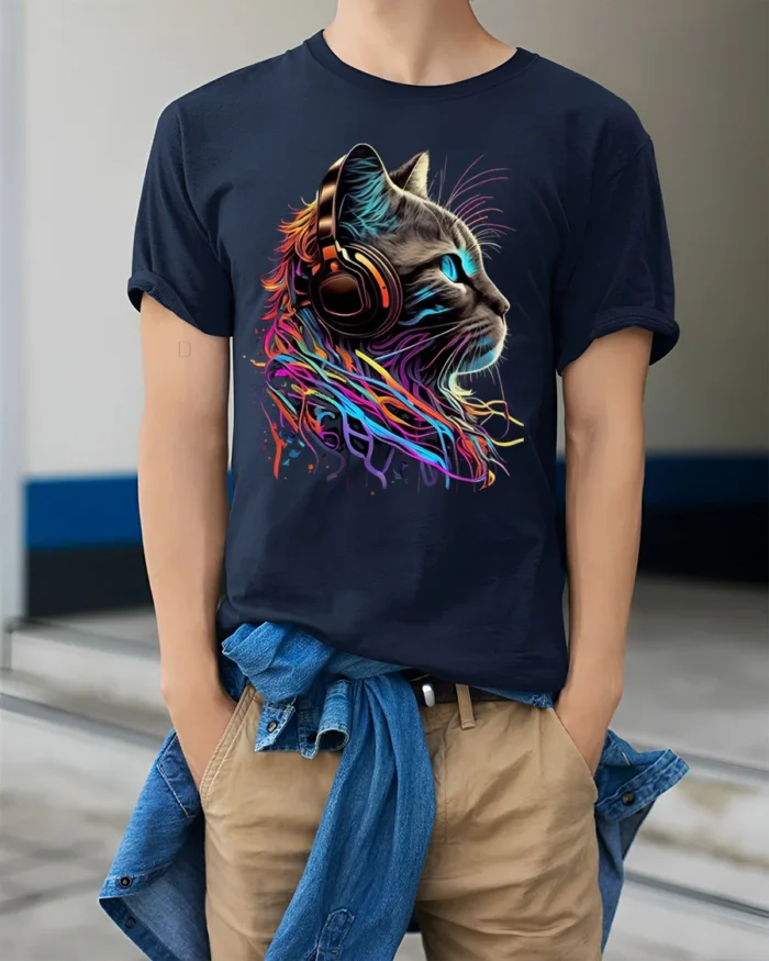 Colorful DJ Cat Headphones Graphic T-Shirt - model wearing navy shirt, hands in pockets