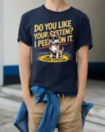 Funny Dog System Joke Graphic T-Shirt Humor Tee - model wearing navy shirt, hands in pockets