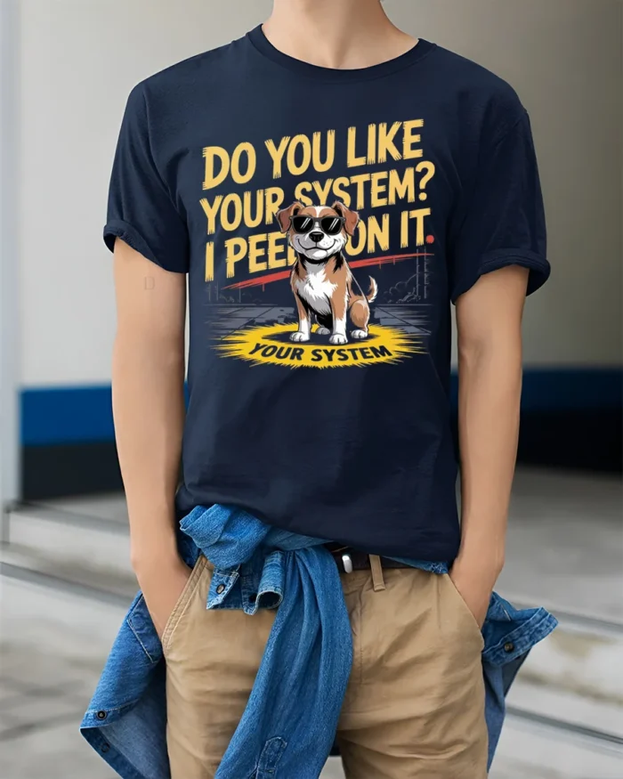 Funny Dog System Joke Graphic T-Shirt Humor Tee - model wearing navy shirt, hands in pockets