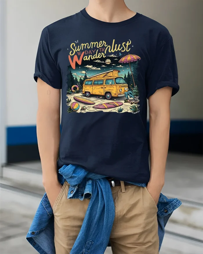 Summer Wanderlust Beach Van Graphic T-Shirt - model wearing navy shirt, hands in pockets