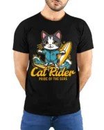 Cat Rider Surfing Graphic T-Shirt for Ocean Lovers - model wearing black shirt, hands behind back