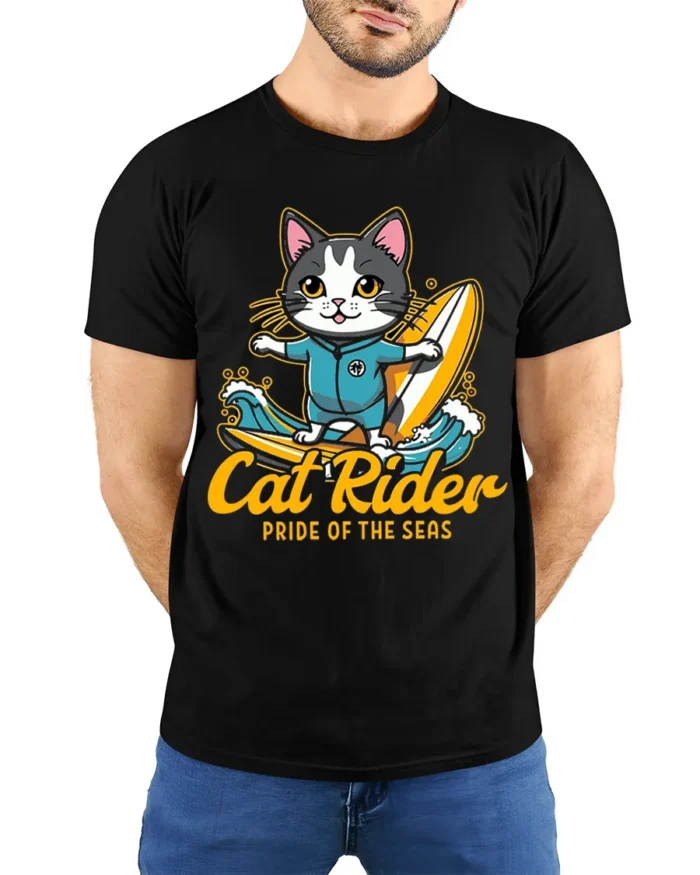 Cat Rider Surfing Graphic T-Shirt for Ocean Lovers - model wearing black shirt, hands behind back