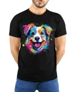Colorful Artistic Dog Face Graphic T-Shirt - model wearing black shirt, hands behind back