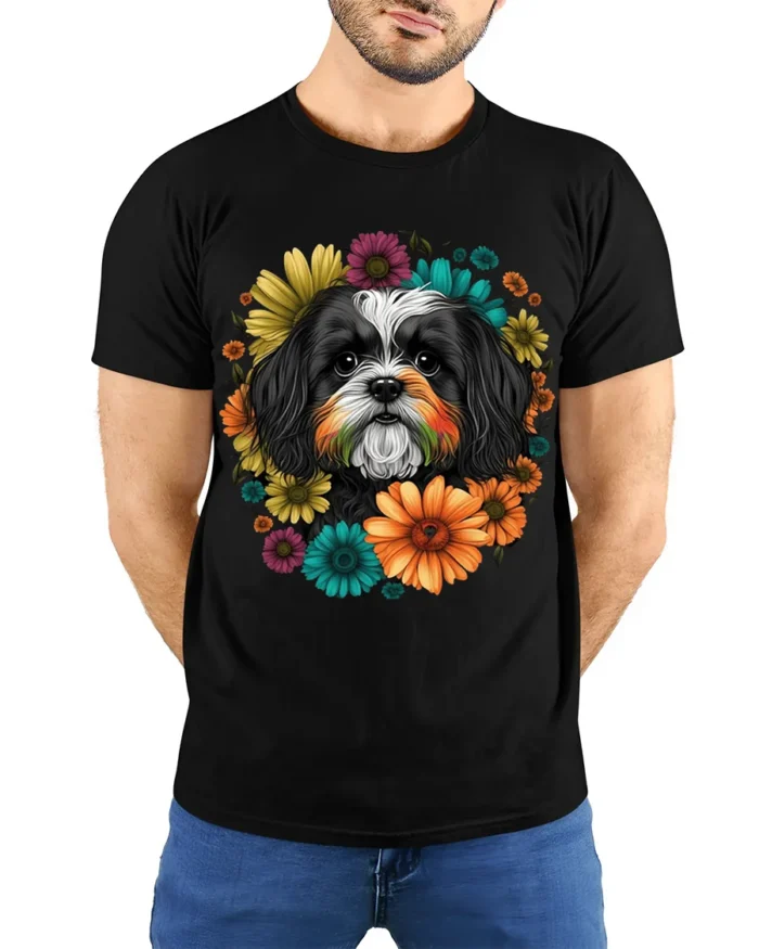 Floral Dog Face Graphic T-Shirt Pet Lover Tee - model wearing black shirt, hands behind back