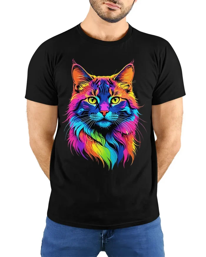 Colorful Neon Cat Face Graphic T-Shirt Artistic Tee - model wearing black shirt, hands behind back