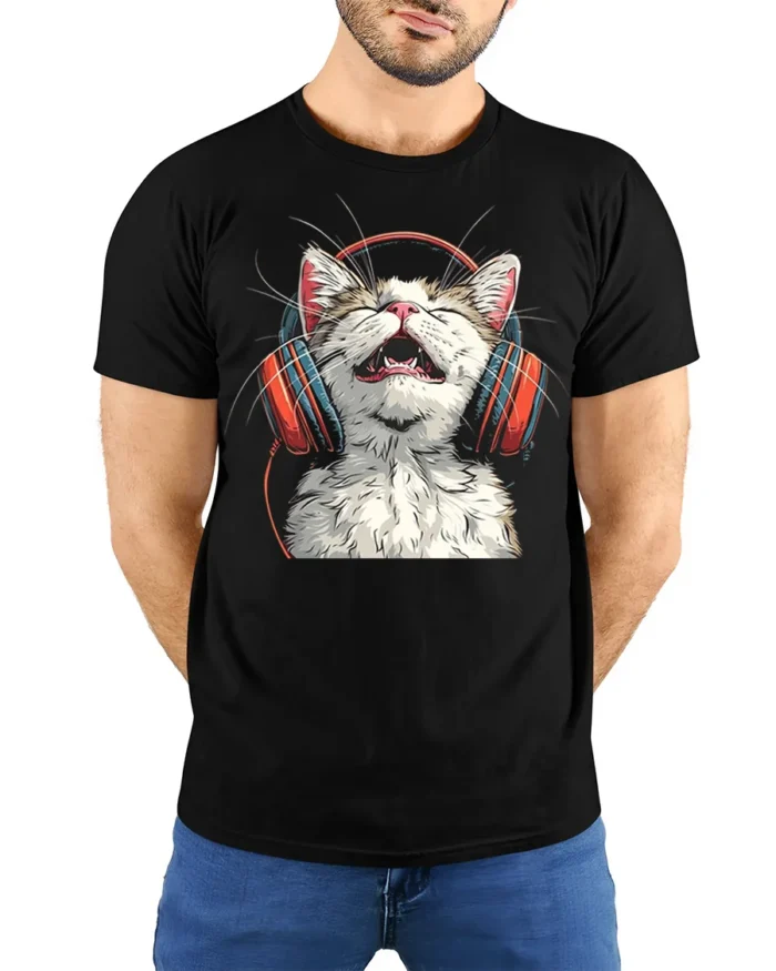 Happy Cat Headphones Music Lover Graphic T-Shirt - model wearing black shirt, hands behind back