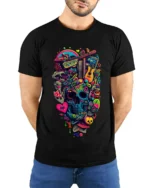 Colorful Psychedelic Skull Graphic T-Shirt Tee - model wearing black shirt, hands behind back