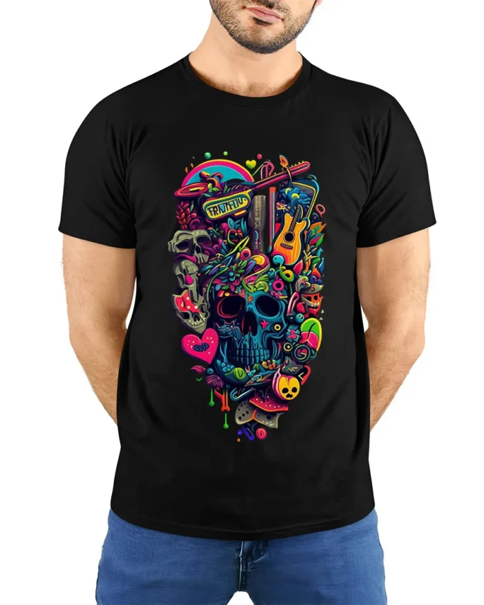 Colorful Psychedelic Skull Graphic T-Shirt Tee - model wearing black shirt, hands behind back