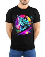 Neon Retro Cat Graphic T-Shirt Colorful Art Tee - model wearing black shirt, hands behind back