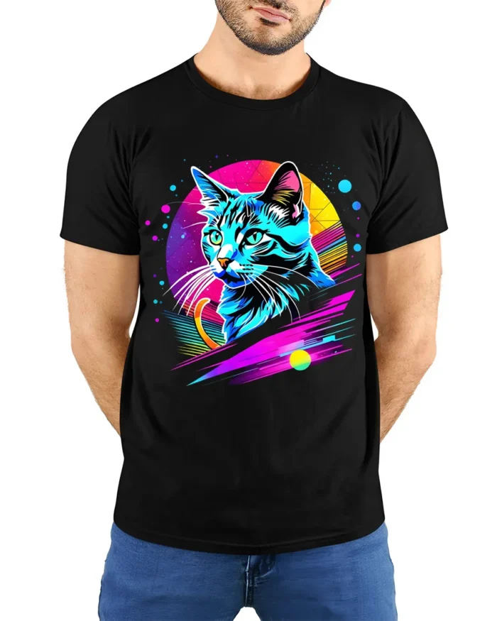 Neon Retro Cat Graphic T-Shirt Colorful Art Tee - model wearing black shirt, hands behind back