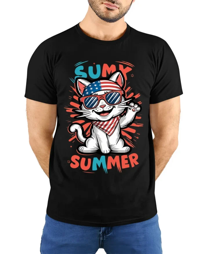 Patriotic Summer Cat Graphic T-Shirt USA Style - model wearing black shirt, hands behind back